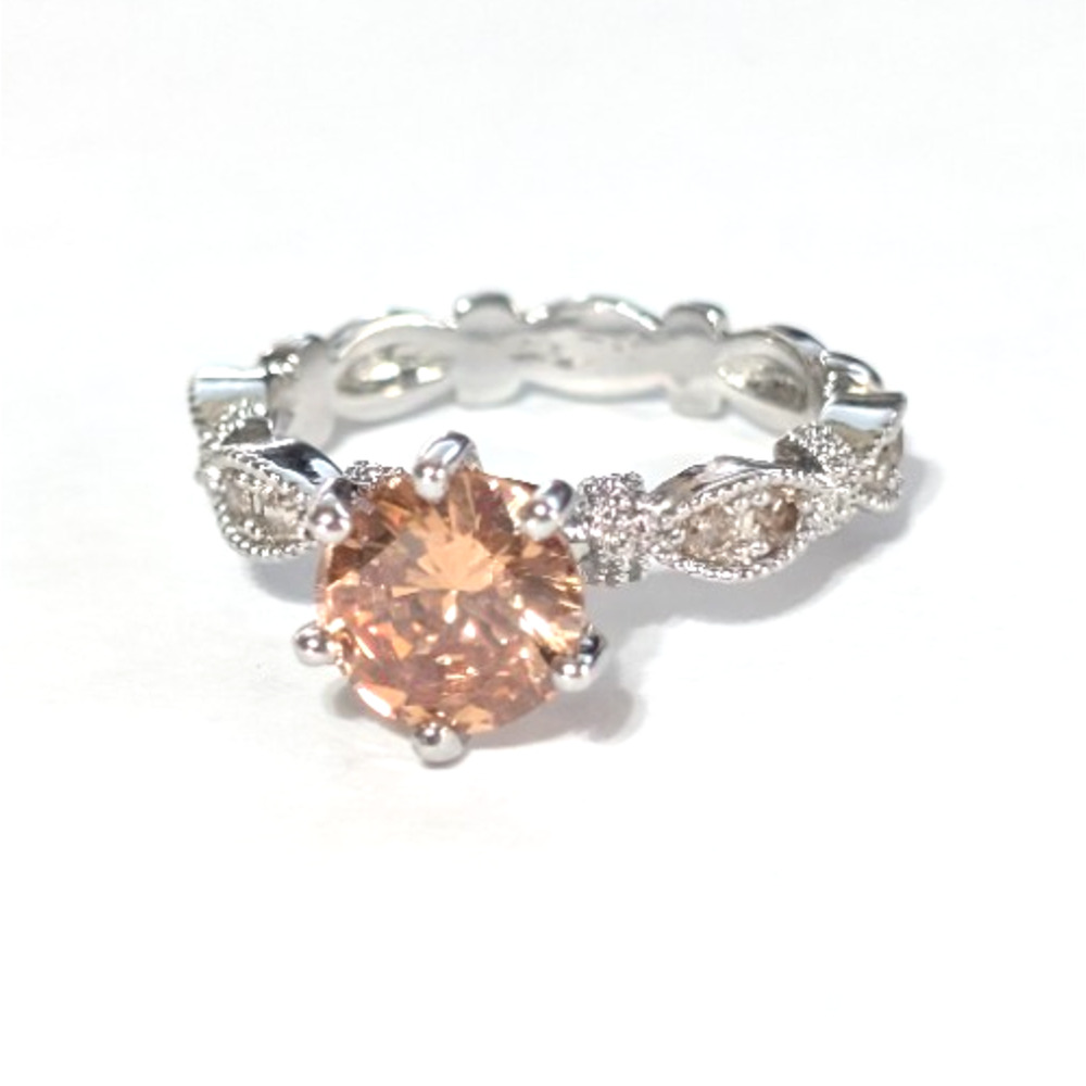 Amber Glass Round Rhinestone Silver Tone Ring Size‎ 7 Ornate R-TN20